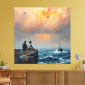 Twee jongens kijken naar een boot in het Zee Canvas Afdruk (Insitu (Woonkamer))