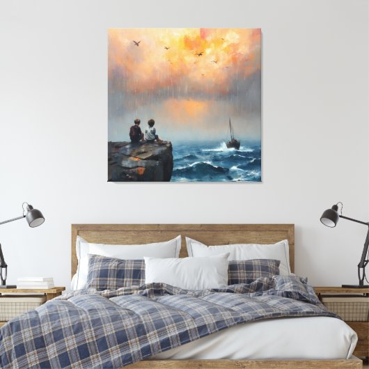 Twee jongens kijken naar een boot in het Zee Canvas Afdruk (Insitu (Slaapkamer))
