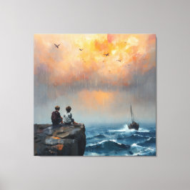 Twee jongens kijken naar een boot in het Zee Canvas Afdruk