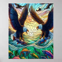 Twee kale adelaars vangen vis over water 16x20 poster