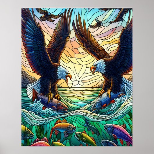 Twee kale adelaars vangen vis over water 16x20 poster (Voorkant)