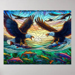 Twee kale adelaars vangen vis over water 20x16 poster