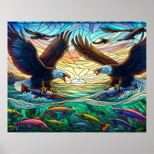 Twee kale adelaars vangen vis over water 20x16 poster