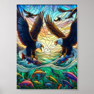 Twee kale adelaars vangen vis over water 5 "x7" poster
