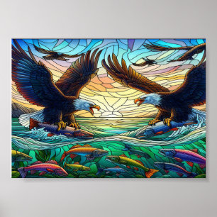 Twee kale adelaars vangen vis over water 7 "x5" poster