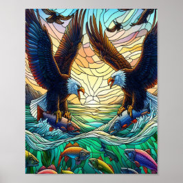 Twee Kale Adelaars Vangen Vissen Over Water 8x10 Poster