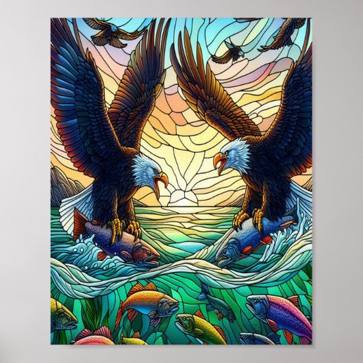 Twee Kale Adelaars Vangen Vissen Over Water 8x10 Poster (Voorkant)