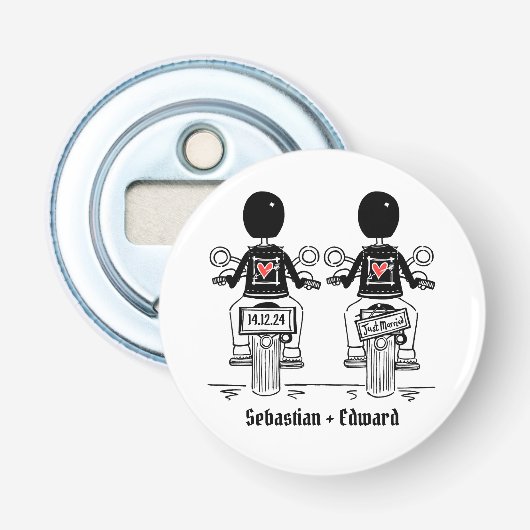 Twee kamers Biker Motorfiets Bruiloft Favor Button Flesopener (Voorkant)