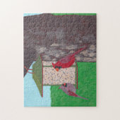 Twee kardinalen bij de feeder, schilderen, puzzels (Verticaal)