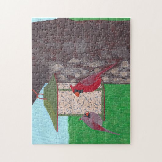 Twee kardinalen bij de feeder, schilderen, puzzels (Verticaal)