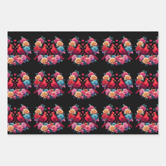 Twee kardinalen met kleurrijke Rozen en harten Inpakpapier Vel (Voorkant 2)