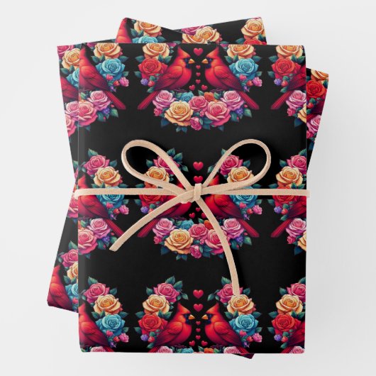 Twee kardinalen met kleurrijke Rozen en harten Inpakpapier Vel (In situ)