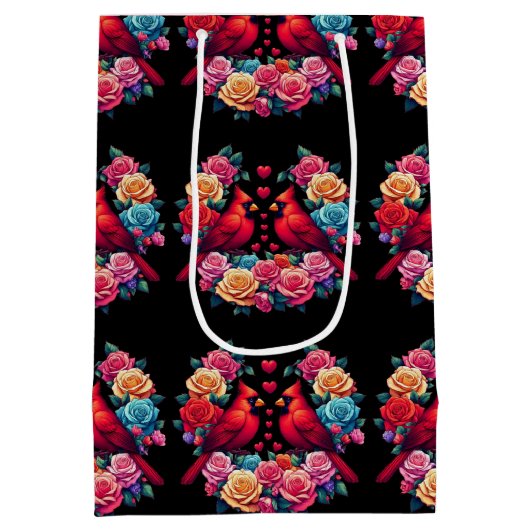 Twee kardinalen met kleurrijke Rozen en harten Medium Cadeauzakje (Achterkant)