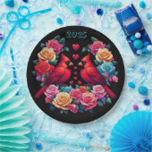 Twee kardinalen met kleurrijke Rozen en harten Papieren Bordje (Feest)