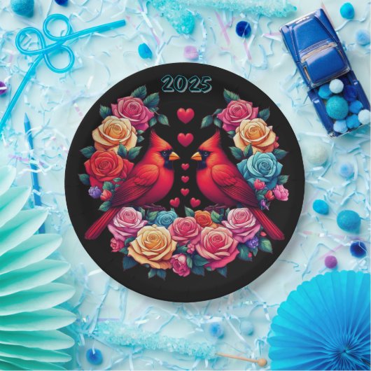 Twee kardinalen met kleurrijke Rozen en harten Papieren Bordje (Feest)