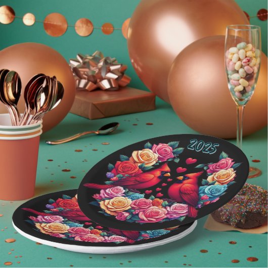 Twee kardinalen met kleurrijke Rozen en harten Papieren Bordje (Multi)