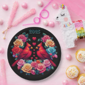 Twee kardinalen met kleurrijke Rozen en harten Papieren Bordje (Feest)