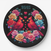 Twee kardinalen met kleurrijke Rozen en harten Papieren Bordje (Voorkant)