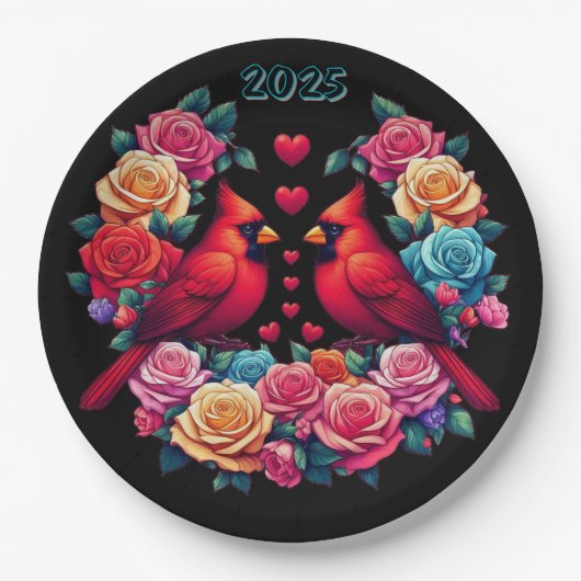 Twee kardinalen met kleurrijke Rozen en harten Papieren Bordje (Voorkant)