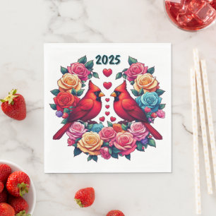 Twee kardinalen met kleurrijke Rozen en harten Servet