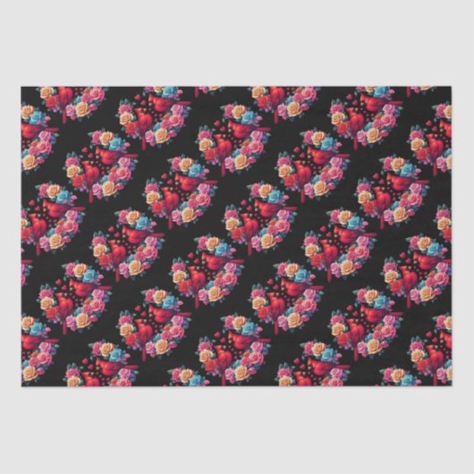 Twee kardinalen met kleurrijke Rozen en harten Tissuepapier (Voorkant)