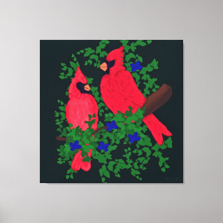 Twee kardinalen op een tak canvas afdruk