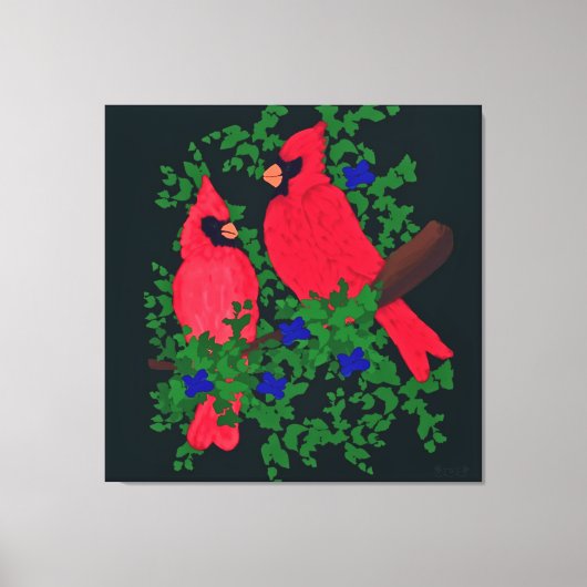 Twee kardinalen op een tak canvas afdruk (Voorkant)