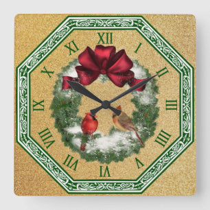 Twee kardinalen ~ Snowy kerstmis met ~ Red Bow Vierkante Klok