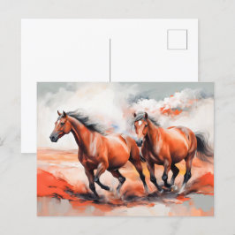 Twee kastanjepaarden die door rood zand rennen briefkaart