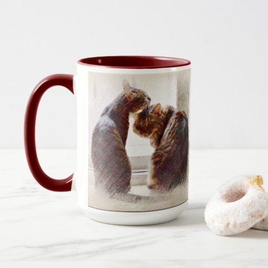 Twee kats maroon Two-tone Hot Beverage Mok (Met donut)