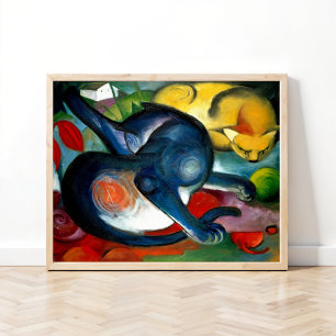 Twee katten, blauw en geel van Franz Marc Poster