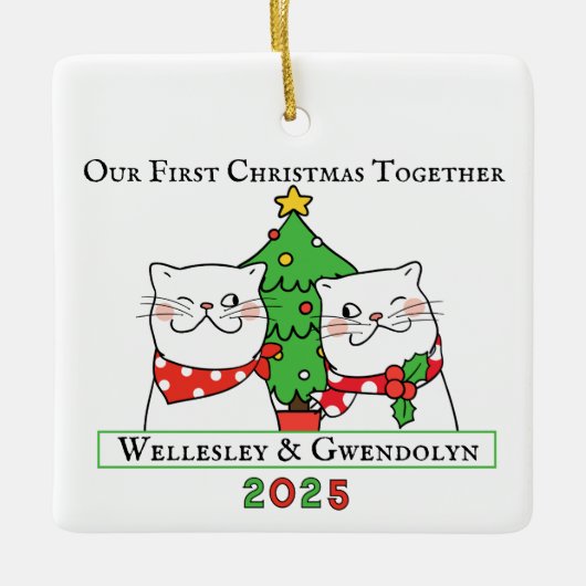 Twee katten eerste kerst samen keramisch ornament (Voorkant)