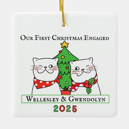 Twee katten eerste kerstmis verloofd keramisch ornament (Voorkant)