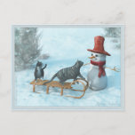 Twee katten en een Snowman-Briefkaart Feestdagenkaart<br><div class="desc">Een afbeelding met een atmosfeer van gisteren. Ook beschikbaar als wenskaart.</div>