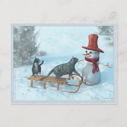 Twee katten en een Snowman-Briefkaart Feestdagenkaart (Voorkant)