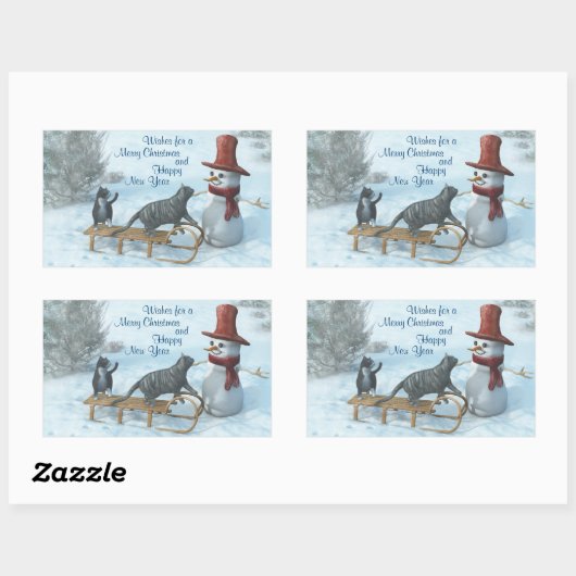Twee katten en een Snowman Rechthoekige Sticker (Vel)