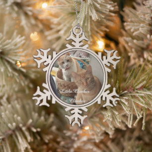 Twee katten foto en namen, tin sneeuwvlok ornament