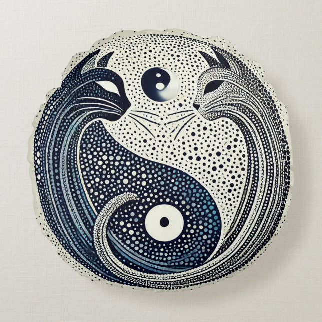 Twee katten in een gestippelde Yin Yang-ontwerp Rond Kussen (Voorkant)
