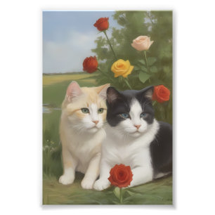 Twee katten in een kleurrijke rozentuin foto afdruk