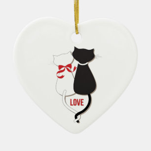 Twee katten in liefde, rood, zwart, hart keramisch ornament