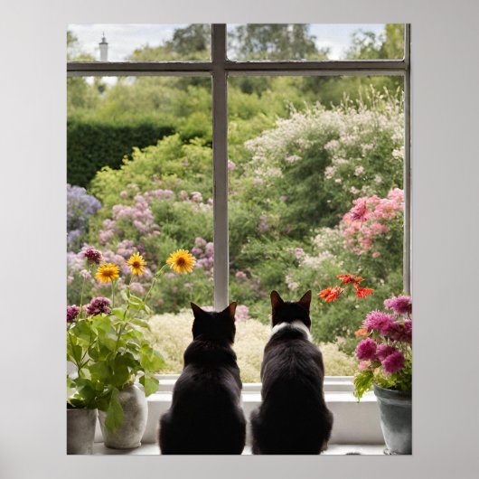 Twee katten kijken uit het raam muur kunst poster (Voorkant)