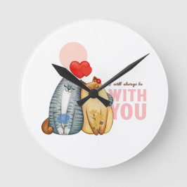 Twee katten knuffelen met hartvormen en romantisch ronde klok