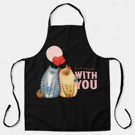 Twee katten knuffelen met hartvormen en romantisch schort