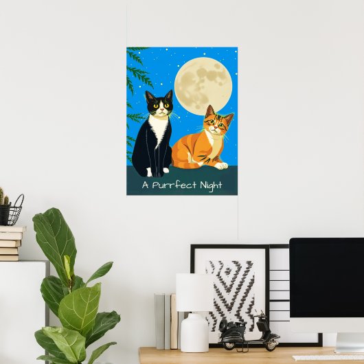 Twee katten onder de volle maan poster (Thuiskantoor)