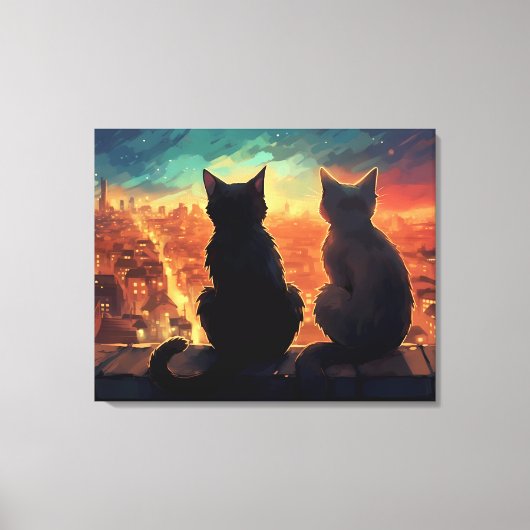 Twee katten op het dak met uitzicht op de stad 's  canvas afdruk (Voorkant)