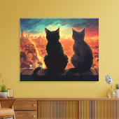Twee katten op het dak met uitzicht op de stad 's  canvas afdruk (Insitu (Woonkamer))
