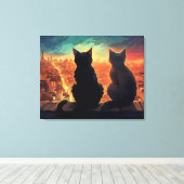 Twee katten op het dak met uitzicht op de stad 's  canvas afdruk (Insitu (Houten vloer))