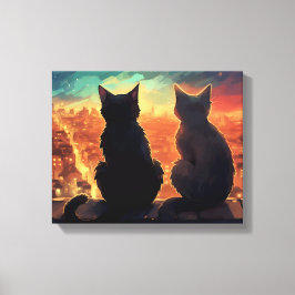 Twee katten op het dak met uitzicht op de stad 's  canvas afdruk