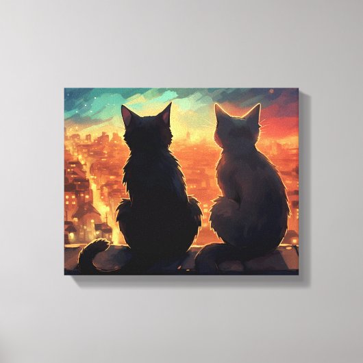 Twee katten op het dak met uitzicht op de stad 's  canvas afdruk (Voorkant)