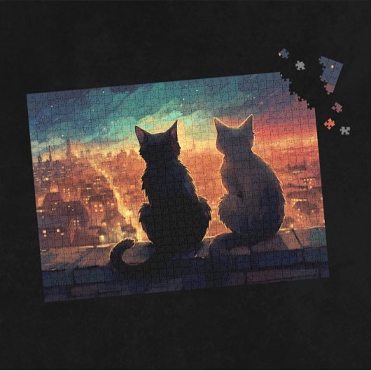 Twee katten op het dak met uitzicht op de stad 's legpuzzel